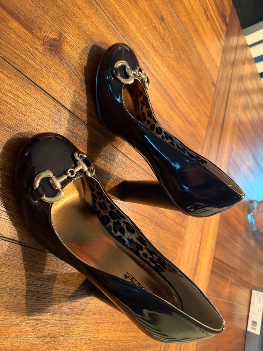 Shoe Dazzle Black Patent Heeled Pumps with Gold Buckle